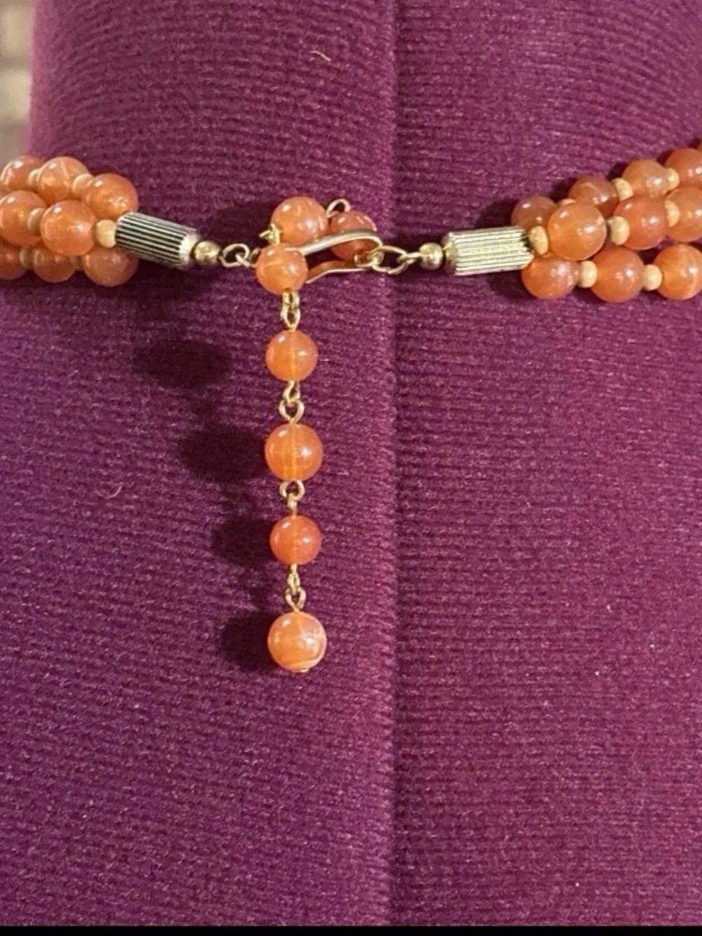 Vintage Signed Avon 3-strand faux amber carved cinnabar wood bead necklace 35”